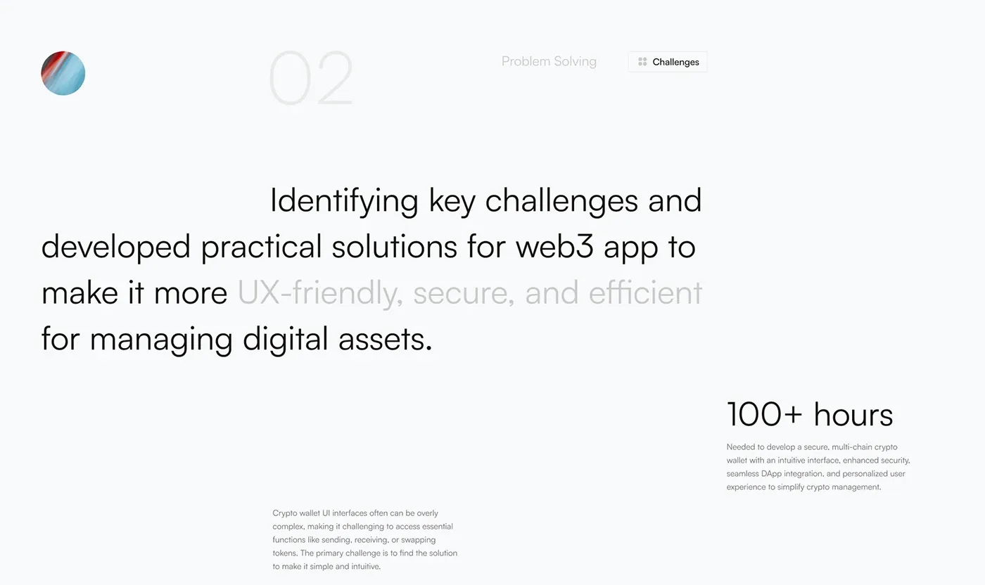The challenges board: identifying key challenges and developing practical solutions for a web3 app, with 100+ hours noted for a secure multi-chain wallet