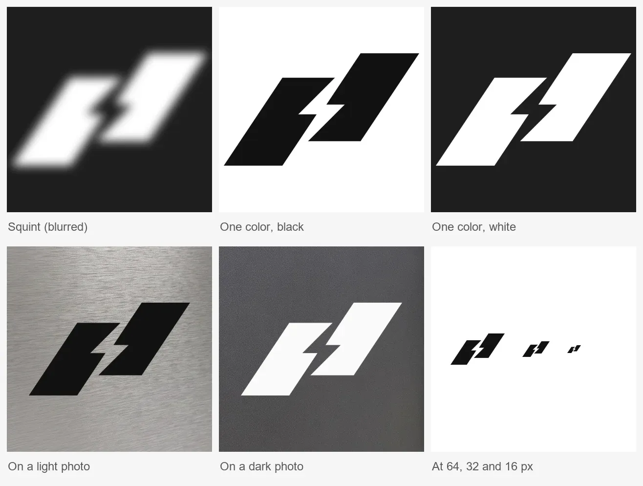 The final symbol blurred, in one color, on a light and a dark photo, and at 64, 32 and 16 px