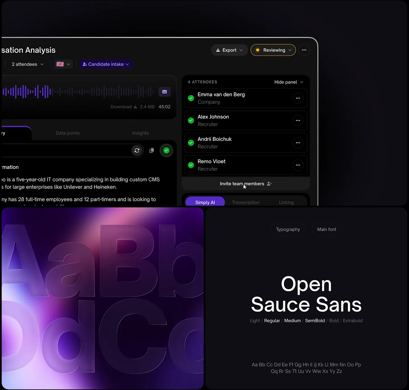 The conversation analysis screen: waveform, attendees, summary tabs, plus the Open Sauce Sans type specimen below