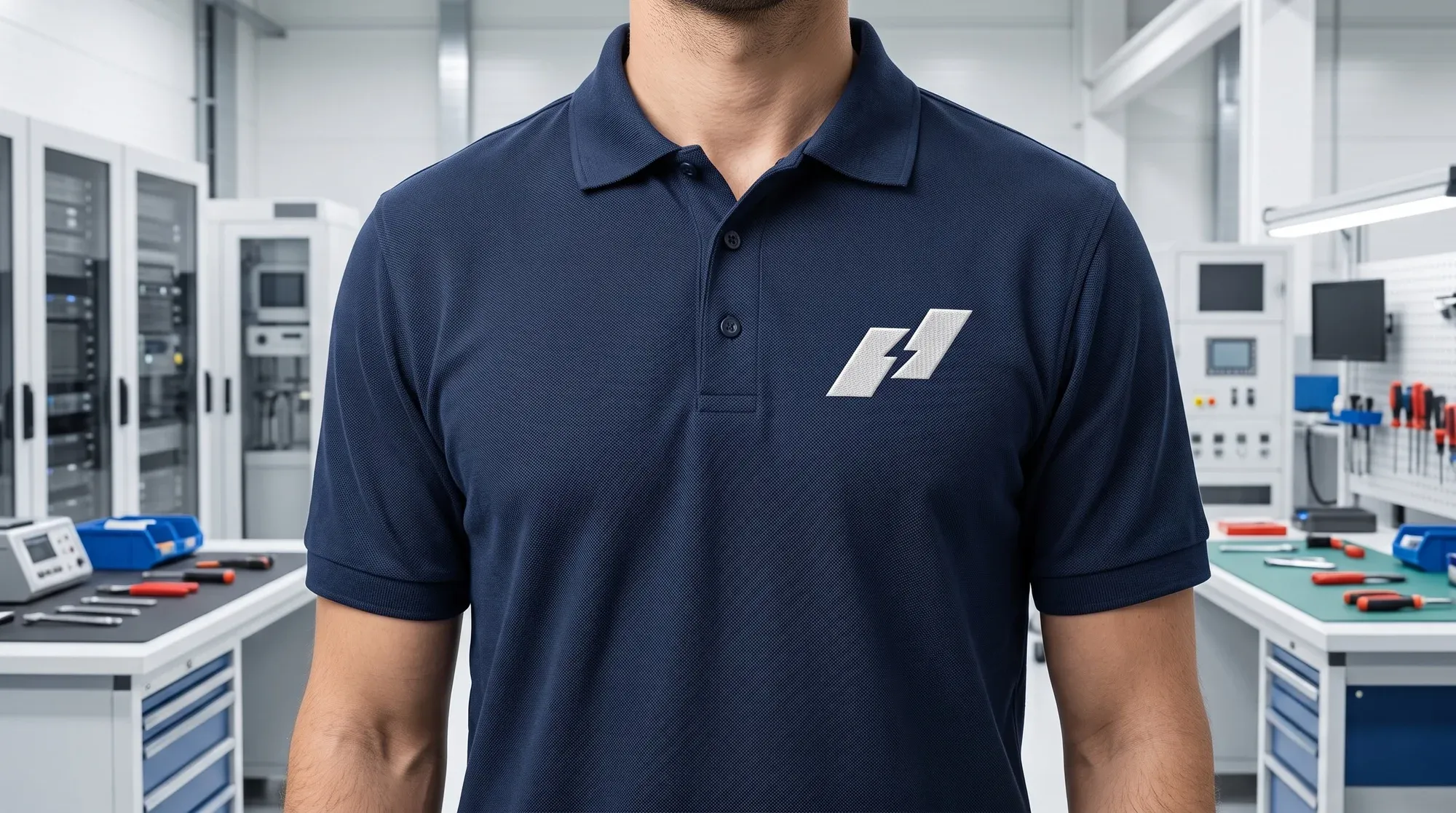 The symbol embroidered in white on a navy polo shirt