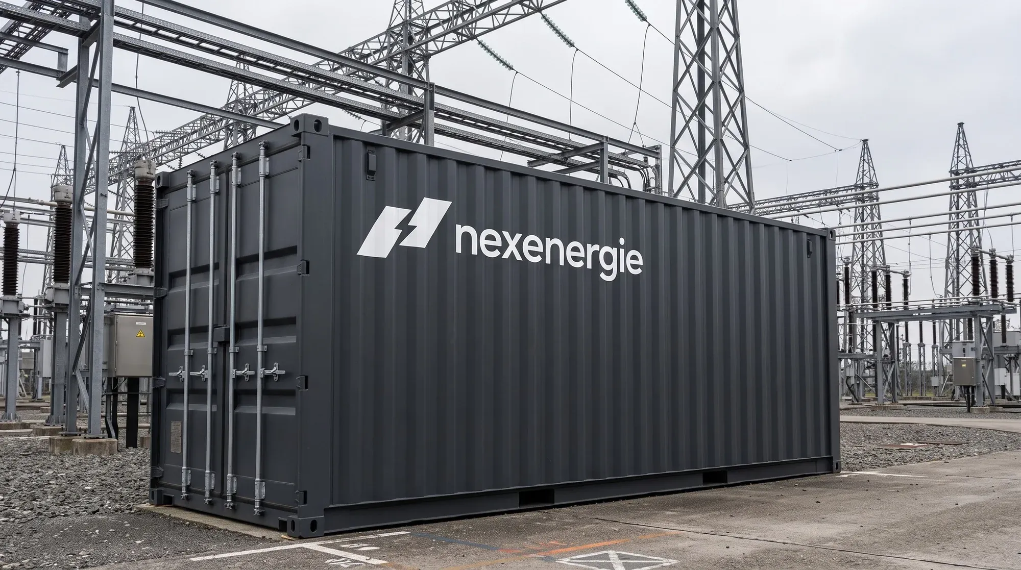 The lockup in white on the flank of a dark shipping container in a substation