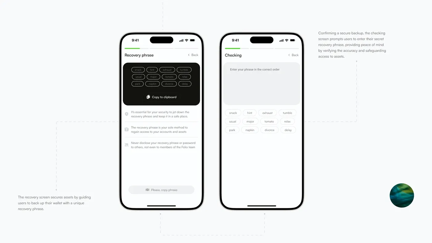 The recovery phrase screen with 12 words and a copy button, next to the checking screen where the words are entered in order