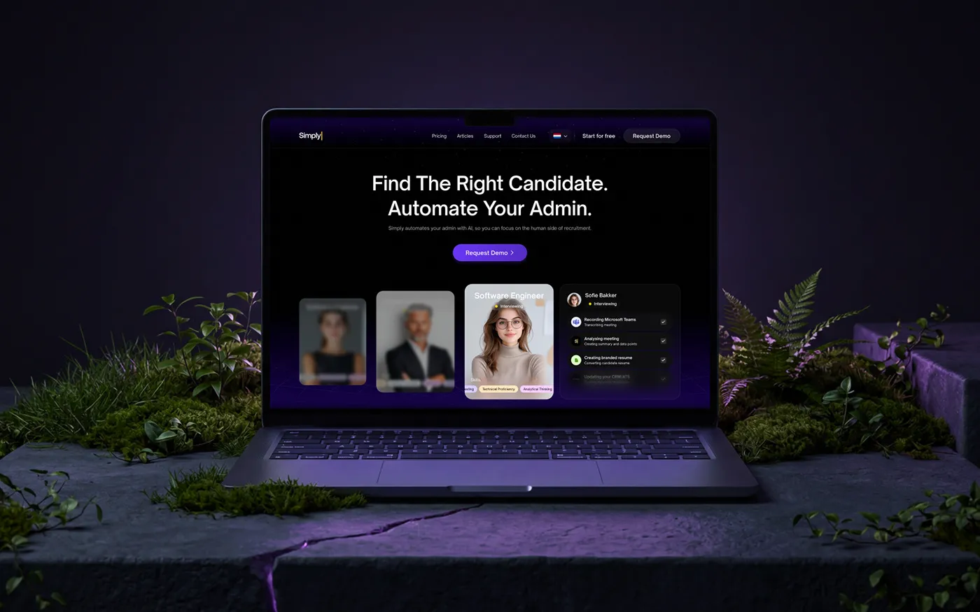 The Simply website on a laptop: the hero headline, a Request Demo button and 3 candidate cards