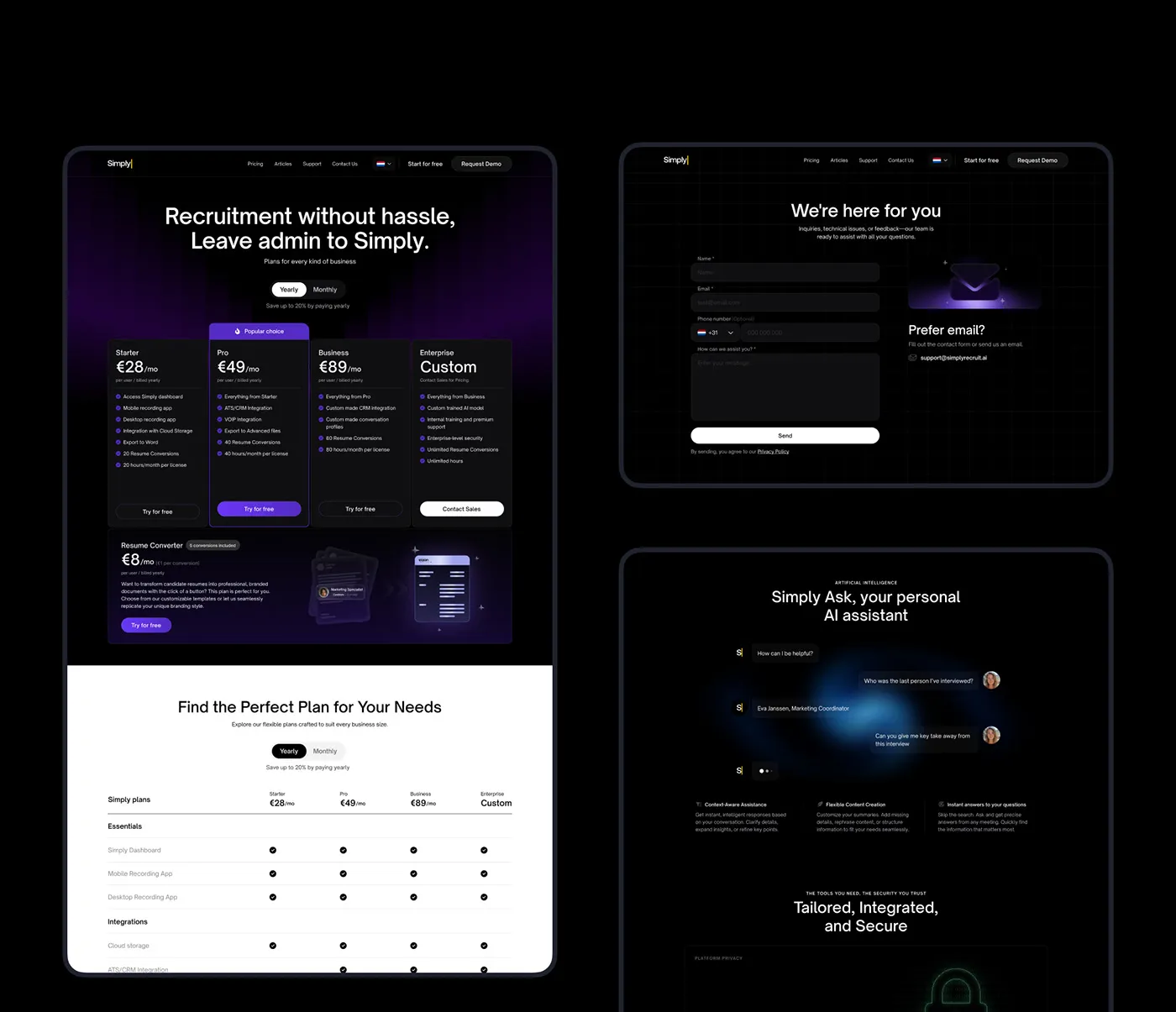 Simply website pages: pricing plans, the contact form and the Simply Ask AI assistant section