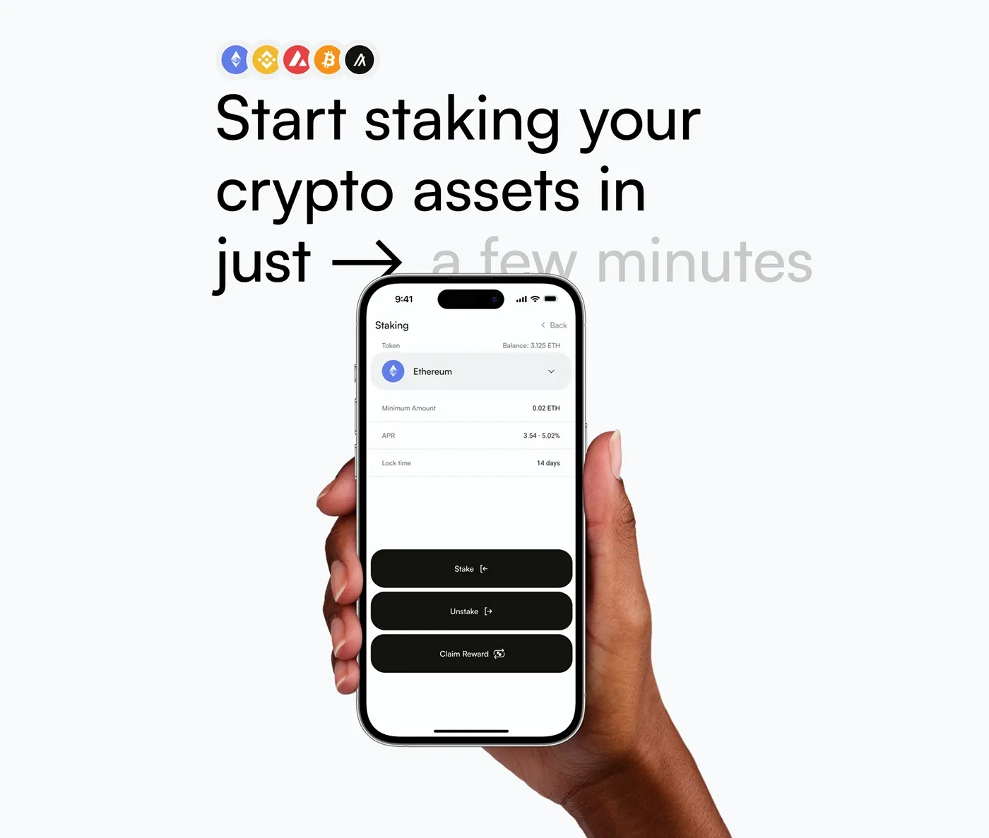 The staking screen on a phone held in a hand: token, minimum amount, yearly rate, lock time of 14 days and the Stake, Unstake and Claim Reward buttons