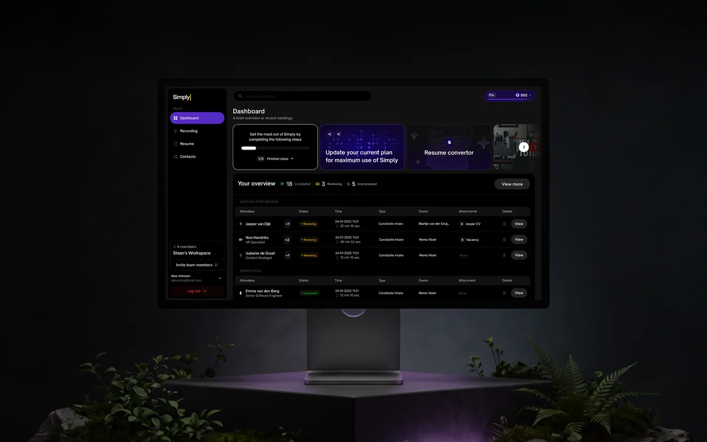 The Simply dashboard on a monitor: a 4 item menu, a setup checklist, counters and tables of meetings waiting for review and completed