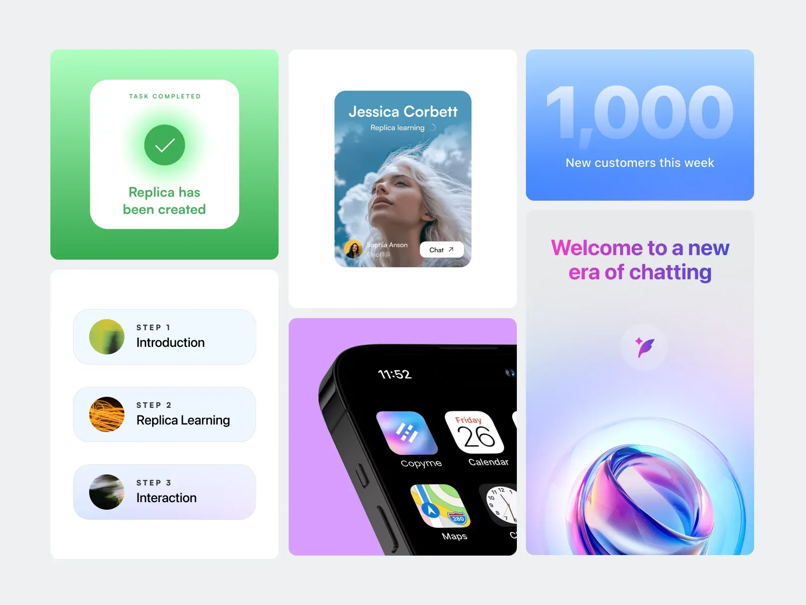 The 3 steps Introduction, Replica learning and Interaction next to a created-replica card and the orb