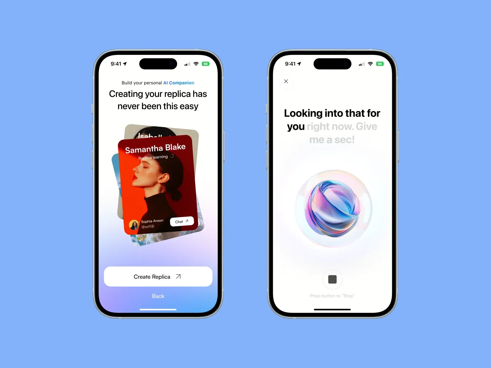 The start screen with the card stack next to the orb in its thinking state, a line of text above it and a Stop button below