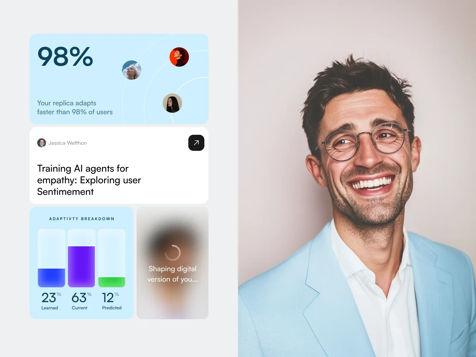 Progress widgets on soft blue cards next to a smiling portrait, the mood I wanted for MindNet