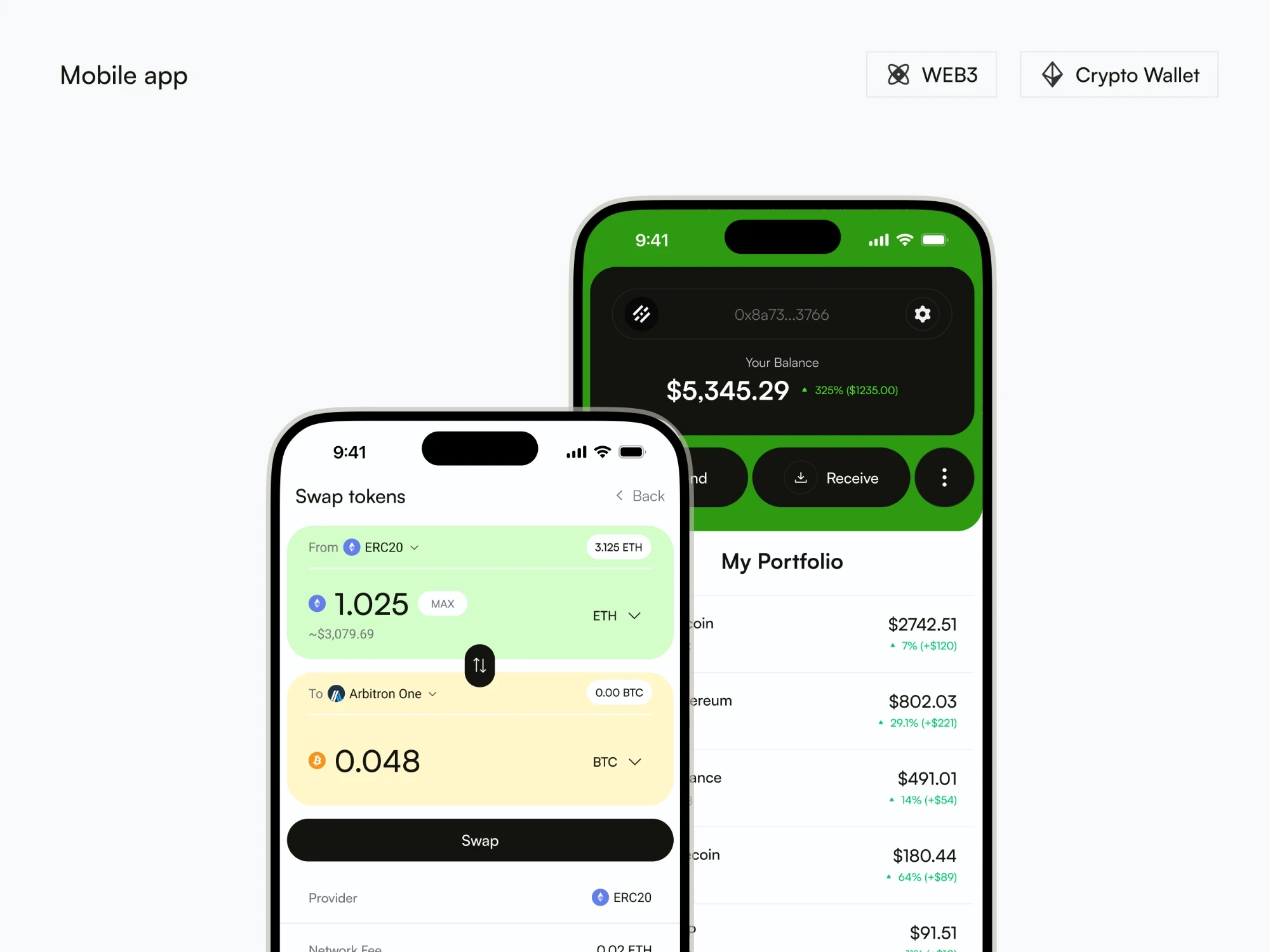 Crypto wallet app: a token swap screen in front of the portfolio balance