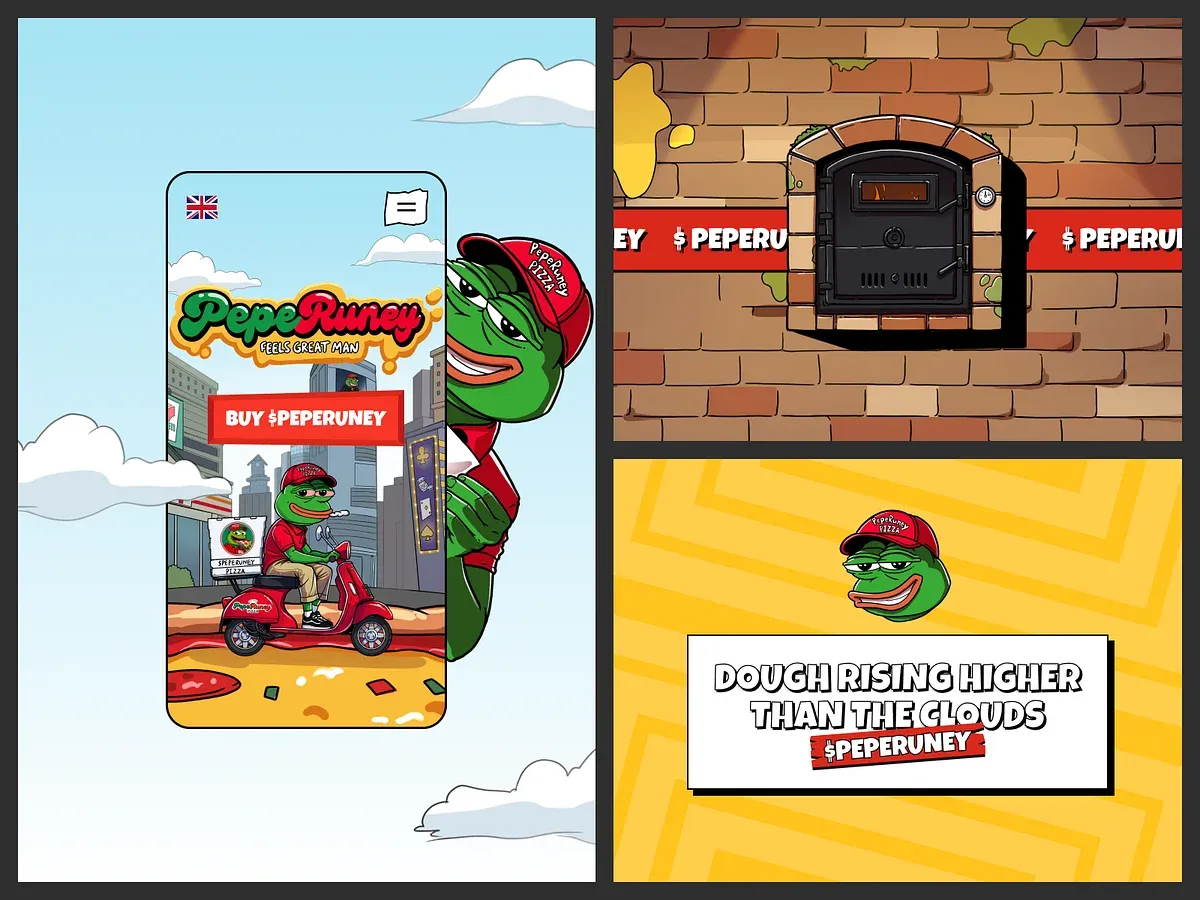 The PepeRuney mobile screen with a Buy button, next to a brick oven and the line Dough rising higher than the clouds