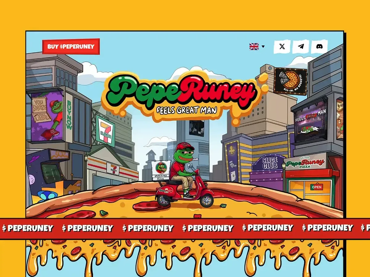 The PepeRuney desktop hero: the frog on a scooter, riding over a giant pizza through a city of shop fronts under the logo
