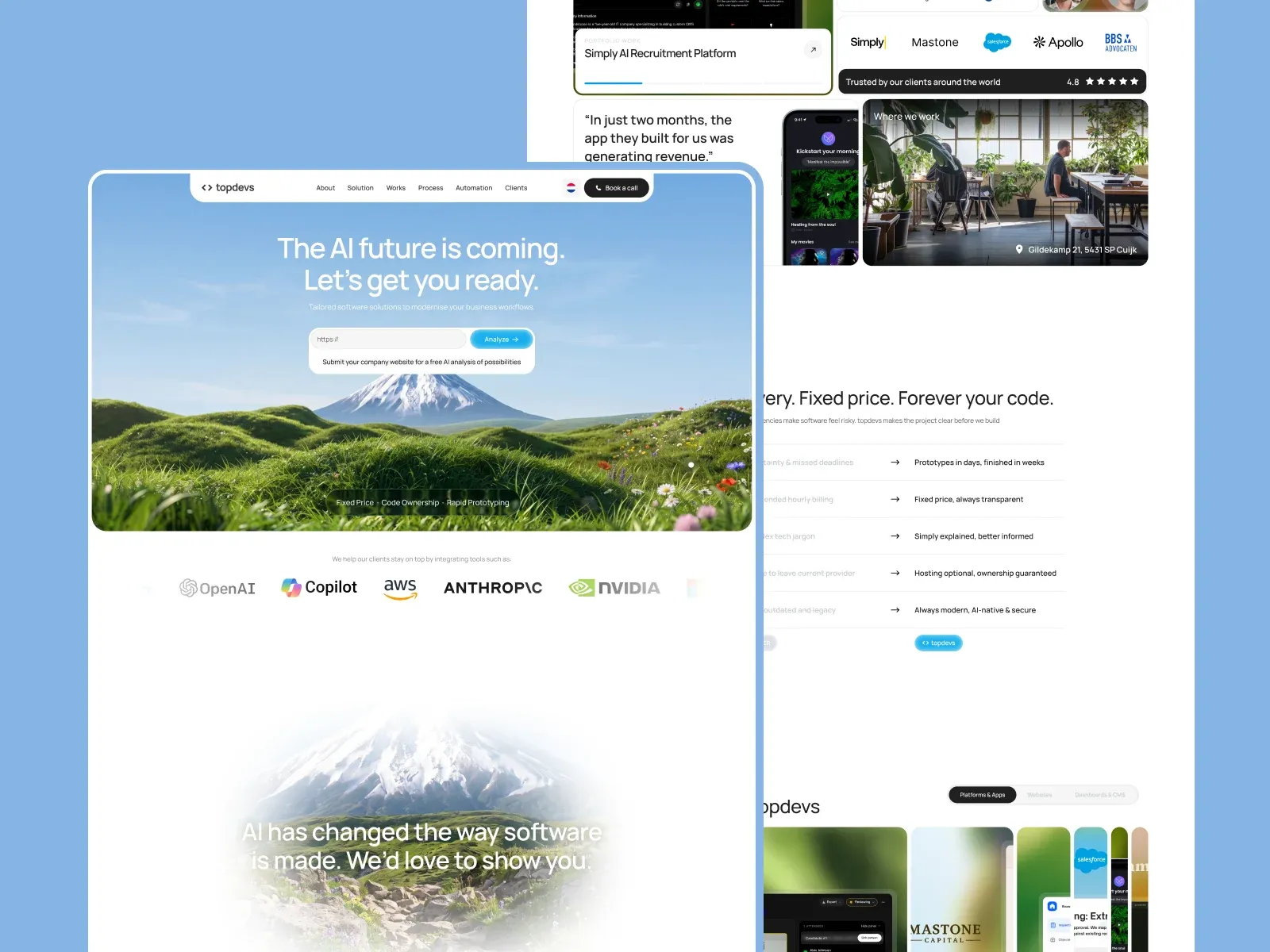 The full Topdevs landing page: hero, tool logos, the fixed price section and work examples