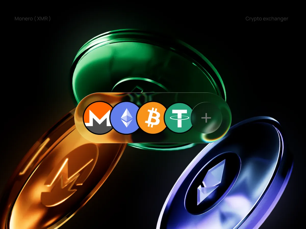 Retoswap, a Monero exchange: glass coins behind a pill of Monero, Ethereum, Bitcoin and Tether icons
