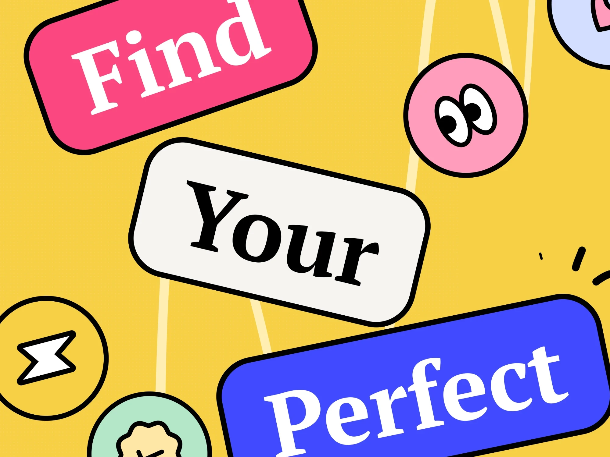 Splashup website: colourful tilted labels reading Find Your Perfect on a yellow background